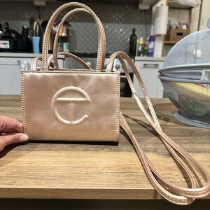 Telfar Metallic Rose Gold Mini Bag with Structured Shape and Logo